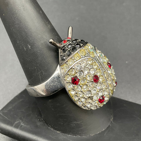 Vintage Silver Tone Ladybug Ring Rhinestone Figural Insect Jewelry Size 9.5