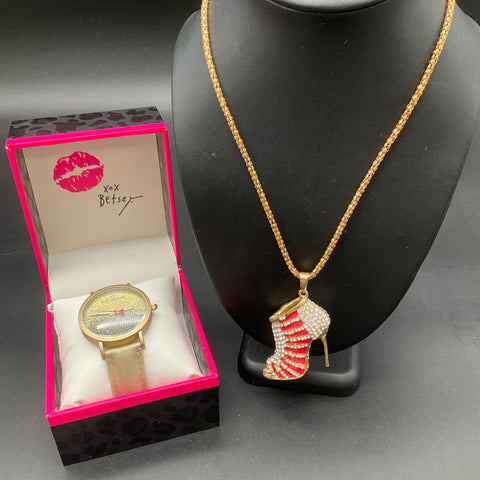 Betsey Johnson Watch & Necklace Set Gold Tone Rhinestone High Heel Pendant Boxed