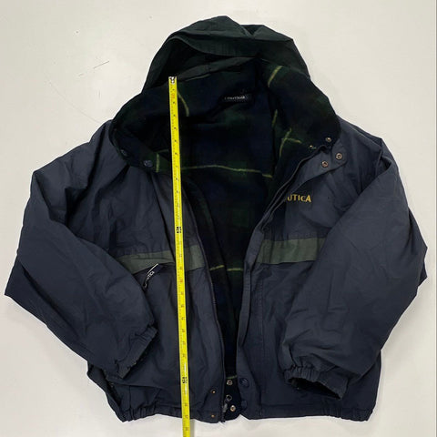 Vintage 90s Nautica Hooded Sailing Jacket Plaid Fleece Lined Navy Sz L/XL