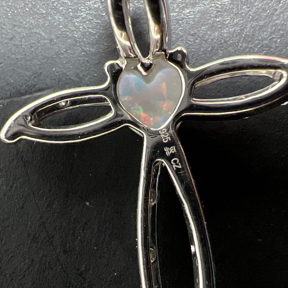 Sterling Silver Created Opal & CZ Cross Necklace