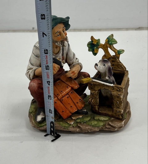 Ceramic Figurine Carpenter Building Doghouse with Dog Hand-Painted 8 Inch