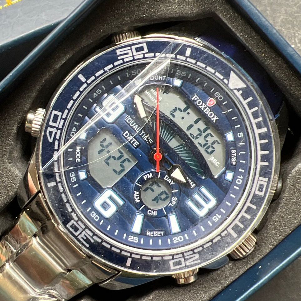 Foxbox Blue Face Silver Tone Watch IOB Working