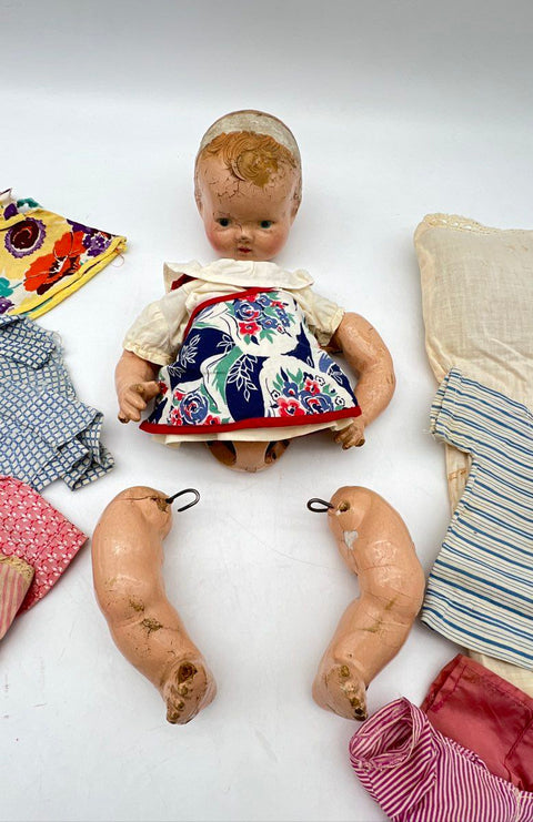 Antique Composition Baby Doll Lot For Repair Restoration With Vintage Clothes