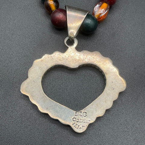 925 Mexican Sterling Silver Heart Pendant Necklace Multi-Stone Glass Beaded 24"