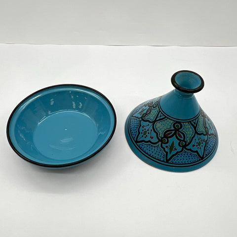 Le Souk Hand Painted Ceramic Tagine Set 2 Piece Blue Mediterranean 10.5 Inch