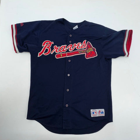 Majestic Vintage 90s Atlanta Braves #10 Chipper Jones MLB Jersey Navy Blue L