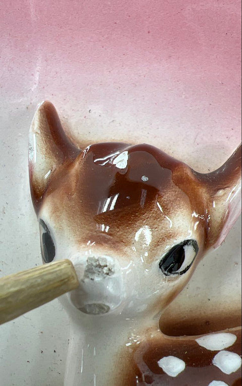 Vintage Ceramic Deer Fawn 3D Relief Wall Pocket Dish Hand-Painted Kitsch 5.5"