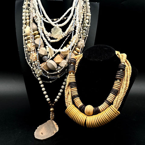 Bohemian Style Costume Jewelry Lot 3 Necklaces Wood Shell Geode Pendant