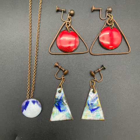 Vintage Mid-Century Enameled Copper Jewelry Lot 5 Pieces Earrings Necklace