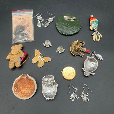 Vintage Animal Theme Costume Jewelry Lot 13pc Elephant Owl Butterfly Cat Penguin