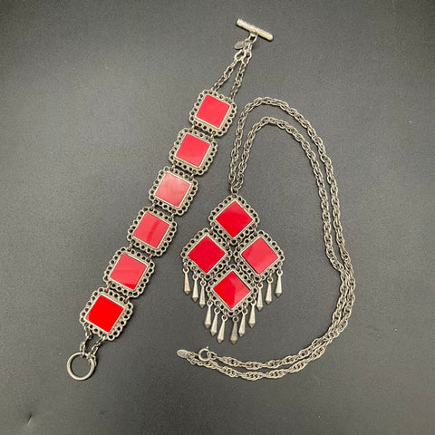 Vintage Celebrity NY Silver Tone Reversible Red Blue Enamel Necklace Bracelet