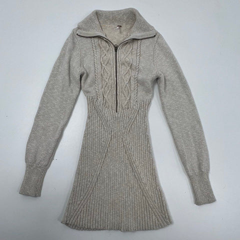 Free People Women's Back To It Mini Sweater Dress Oatmeal Cable Knit Half Zip M