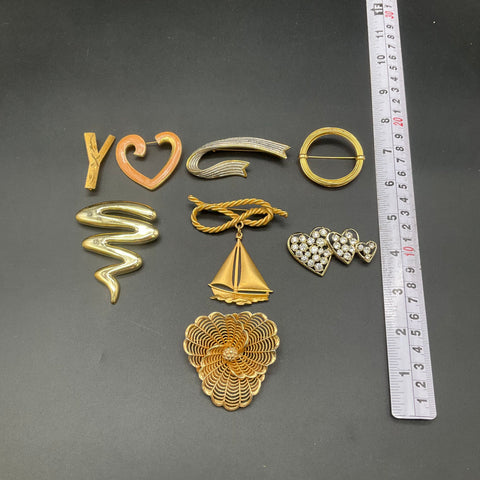 Vintage Monet Gold Tone Nautical Heart Rhinestone Jewelry Brooch Pin Lot of 8