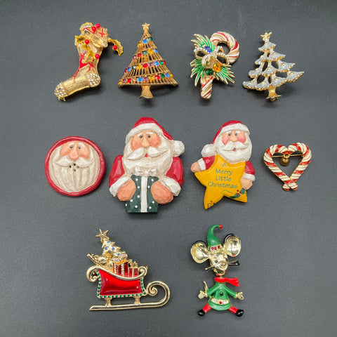 Vintage Christmas Holiday Brooch Pin Lot of 10 Santa Trees Sleigh LCI Signed