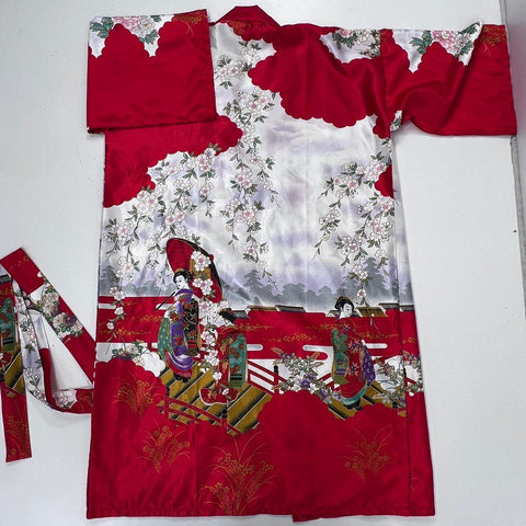 Vintage 90s Juguemm Women's Kimono Robe Red Geisha Pagoda Graphic Japan Sz 42