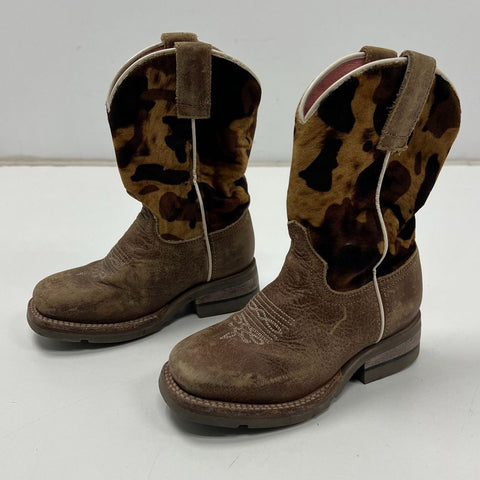 Roper Brown Camo Hair On Hide Leather Square Toe Cowboy Boots Kids Size 9
