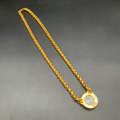 Vintage Napier Gold Tone Black Enamel Domed Pendant Woven Chain Necklace 26"