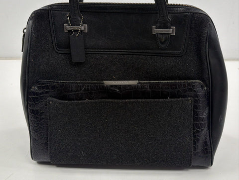 Coach Black Leather Wool Croc Embossed Mixed Media Satchel Bag F32818