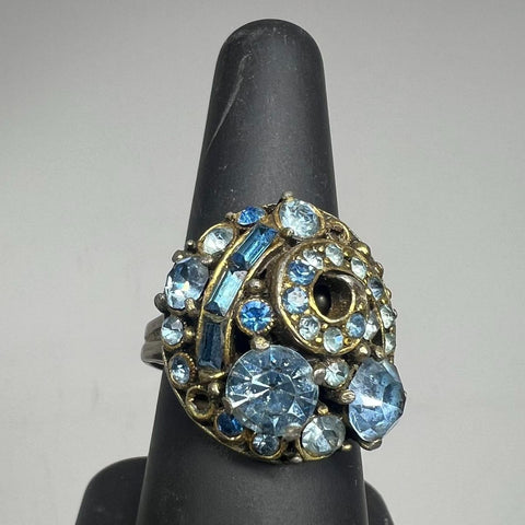 Vintage MCM Hollycraft Ring Silver Tone Blue Rhinestones *Missing Stones