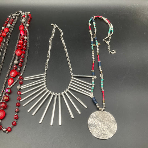 Costume Jewelry Necklace Lot of 6 Beaded Layered Fringe Red Silver Tone