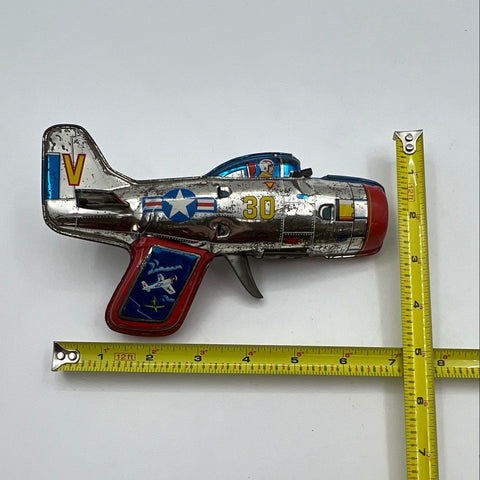 Vintage Tin Litho Jet Airplane Toy Pistol Sparker 7 Inch United States Star