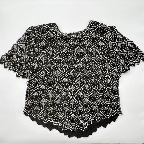 Lawrence Kazar Women's Vintage 90s Black Beaded Sequin Silk Art Deco Top Sz 3X