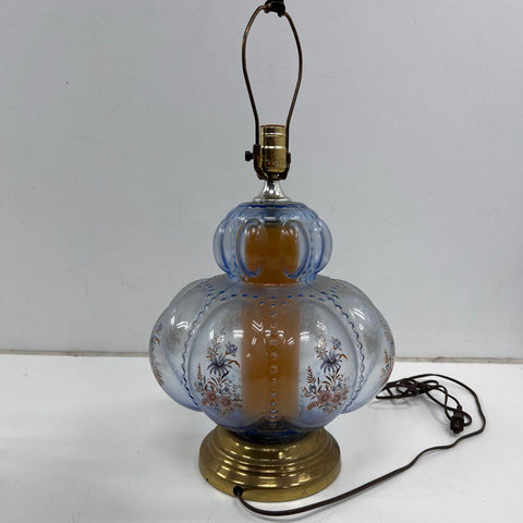 Carl Falkenstein Blue Glass Floral Table Lamp Brass Base Vintage Works