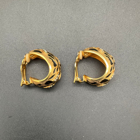 Vintage St. John Signed Gold Tone Black Enamel Animal Print Clip-On Earrings