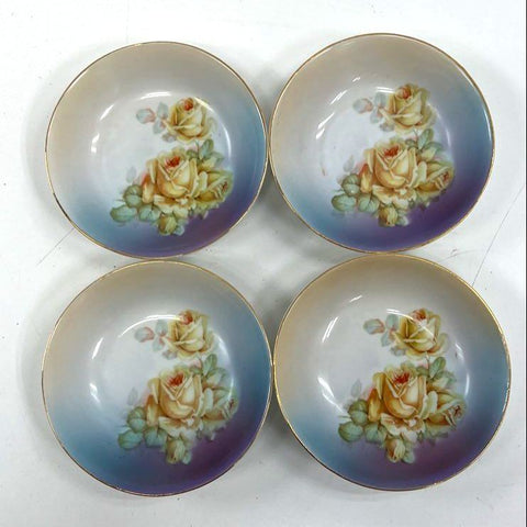 Set of 4 Vintage German Porcelain Small Bowls Yellow Rose Pattern Gold Trim
