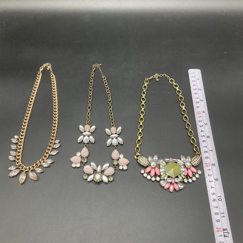 Statement Costume Jewelry Lot of 3 Gold Tone Necklaces Pink Green Clear Stones