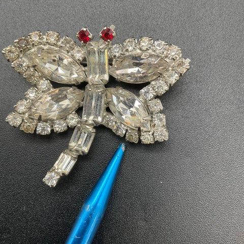 Vintage Weiss Dragonfly Brooch Pin Silver Tone Rhinestone Red Eyes 2"
