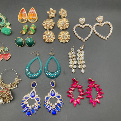 Statement Fashion Earrings Lot of 12 Gold Tone Boho Crystal Floral Beaded