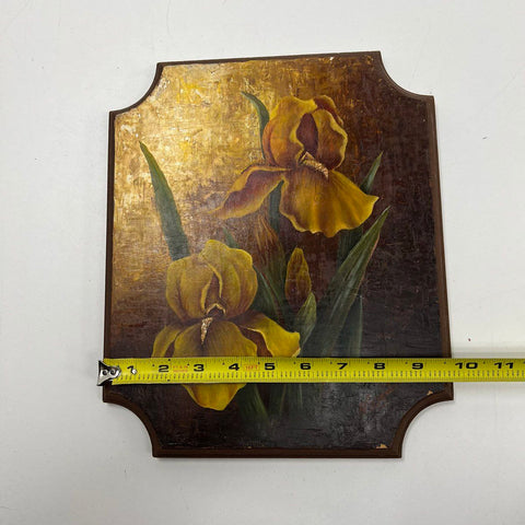 R. Scranton Oil on Wood Panel Painting Yellow Iris Floral Signed 12x10.5 Art