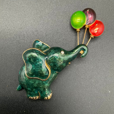 Swarovski Gold Tone Green Enamel Elephant with Balloons Brooch Pin Swan Mark