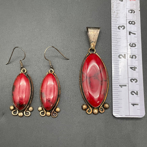 Vintage Mexican Style Silver Tone Red Cabochon Pendant & Earrings Jewelry Set