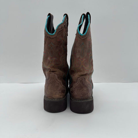 Justin Brown Leather Teal Stitching Square Toe Western Boots Size 8.5