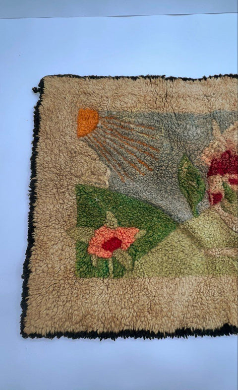 Vintage Hand Hooked Rug Wall Hanging Folk Art Landscape Cottage House Sun