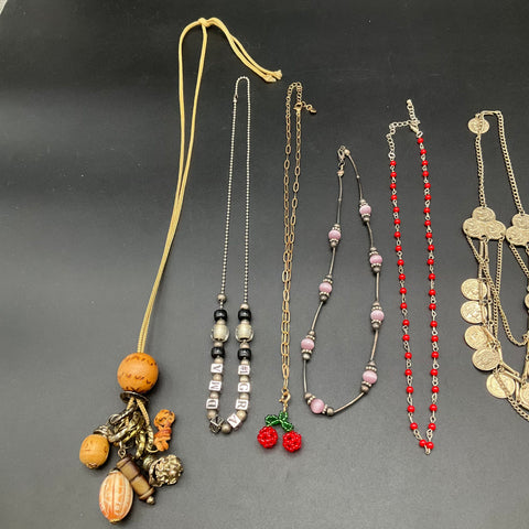 Vintage & Modern Jewelry Lot 8 Necklaces Tribal Boho Coin Beaded Cherry Charm