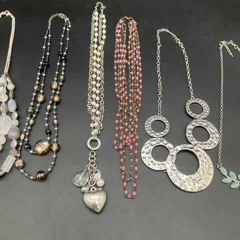 Costume Jewelry Necklace Lot of 6 Silver Tone Beaded Heart Leaf Motif Statement