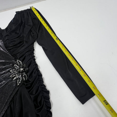 Vintage Filigree Ltd 80s Dress Sz 8 Black Silver Asymmetrical Ruched Cocktail