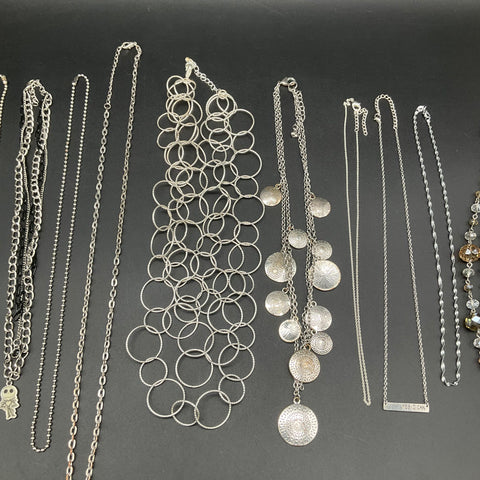 Mixed Fashion Jewelry Lot 13 Silver Tone Necklaces Charms Beaded Bib Styles