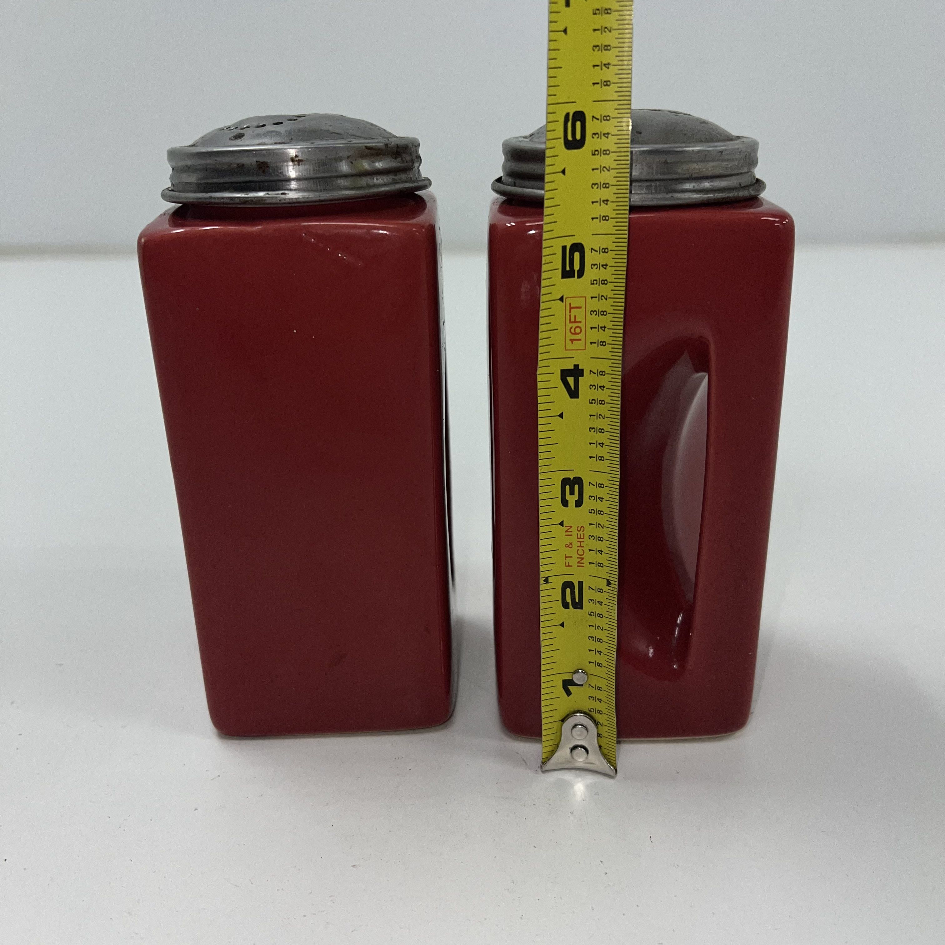 OGGİ Red Ceramic Salt and Pepper Shakers Modernist Design Metal Lids 'S' 'P'