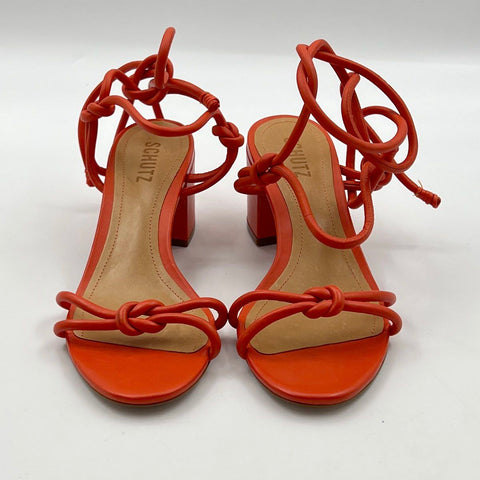 Schutz Vicky Mid Flame Orange Leather Lace Up Block Heel Sandals Size 8B