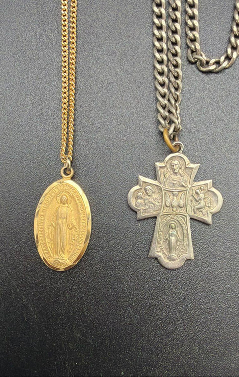 Vintage Antique Catholic Religious Medals Jewelry Lot 12pc Crosses Necklaces