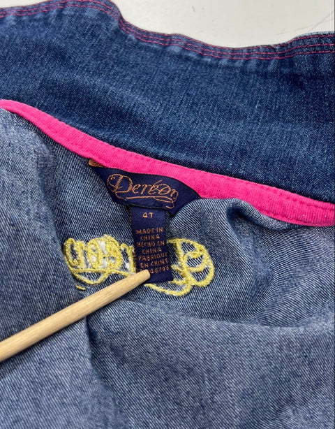 Dereon Girls Blue Denim Dress Pink Eyelet Ruffle Hem Logo Belt Size 4T