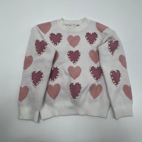 English Factory White Pink Heart Print Faux Pearl Knit Sweater Women's M