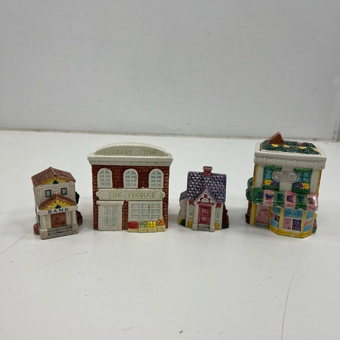 1995 Fitz and Floyd Omnibus Village House Lot Jars Shakers Grocery Sweets Bank