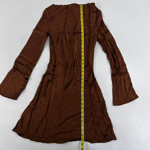 Anthropologie Women's Brown Satin Long Bell Sleeve Back Tie Mini Dress NWT Sz XS