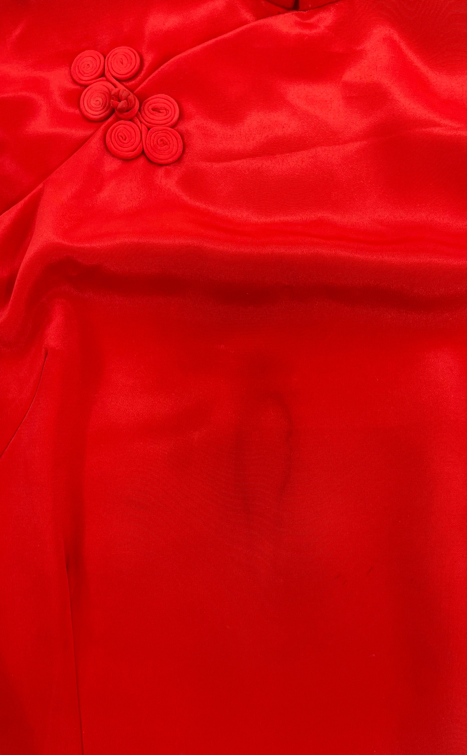 Vintage 60s Red Silk Cheongsam Qipao Dress Hand Beaded Phoenix Sz M