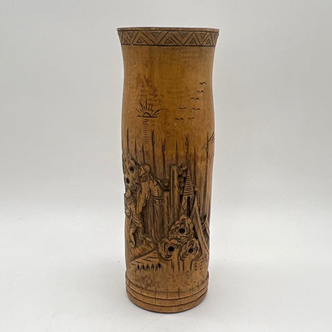 Vintage Hand Carved Bamboo Vase Village Scene Asian Folk Art Brush Pot 12 Inch